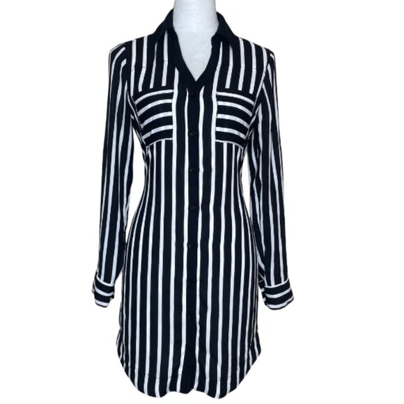 Express Women's Portofino Black White Striped Shirt Dress Roll Tab Sleeve XS - Picture 1 of 16